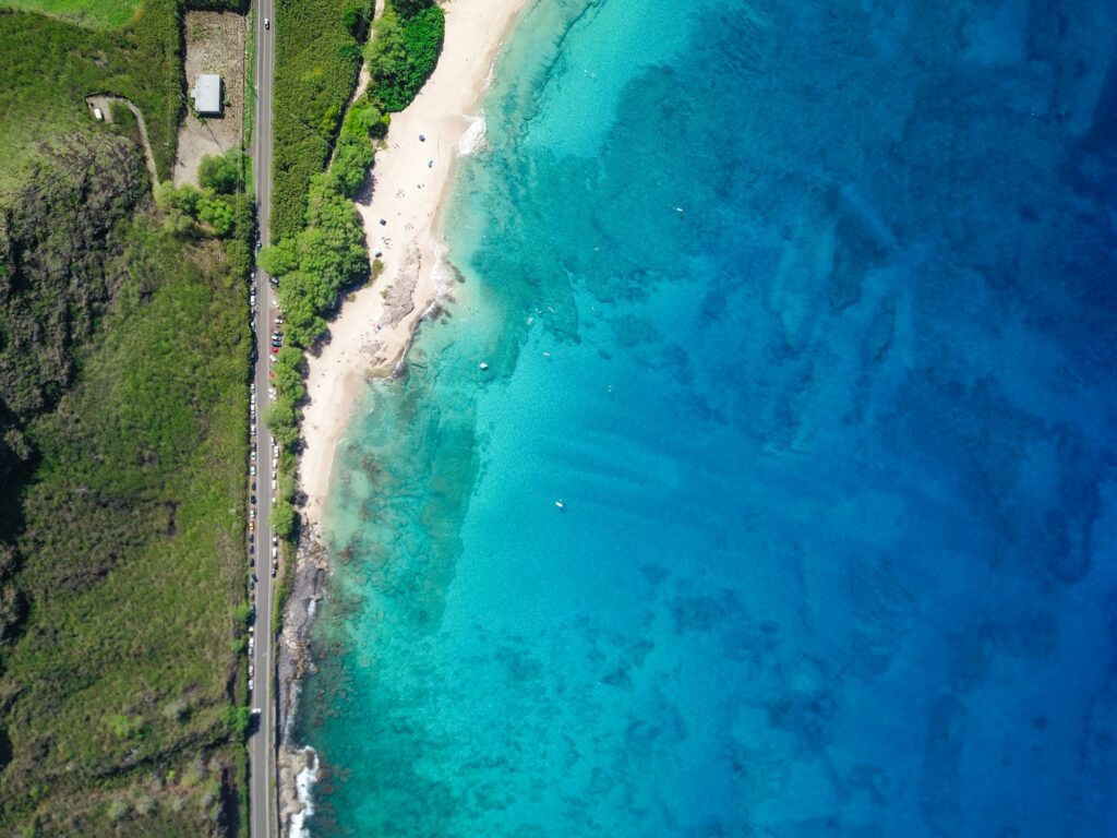 Aerial view of an Oahu beach and shoreline