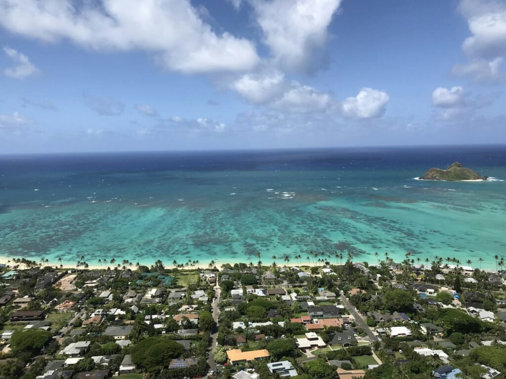 Aerial view of Kailua town and bay