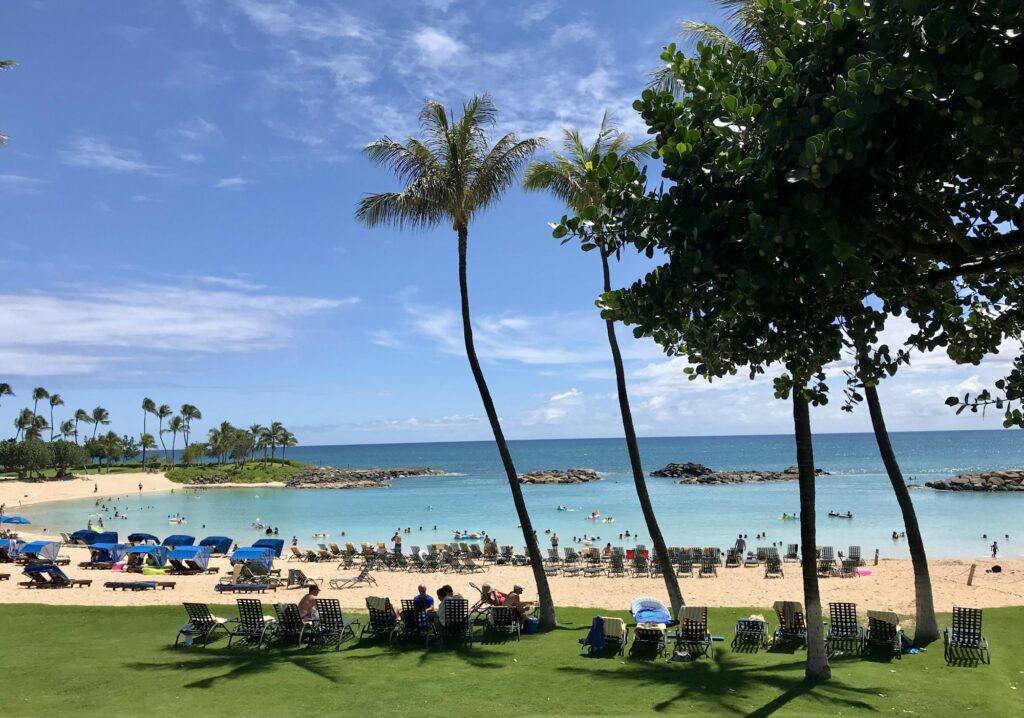 Palm-lined lagoon beach in West Oahu