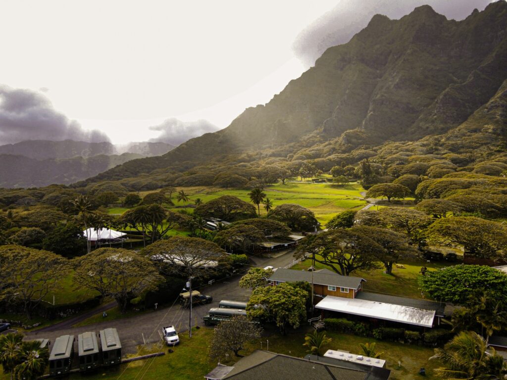 Aerial view of a lush green Oahu valley