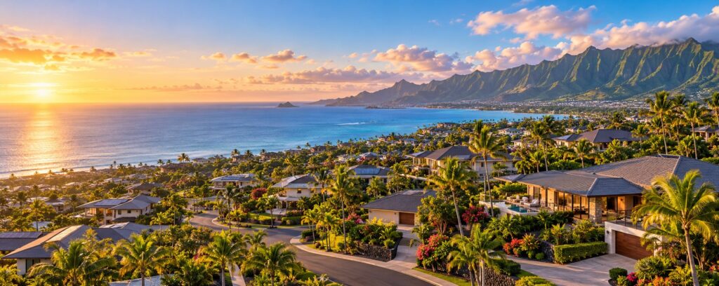 Windward Oahu neighborhood below the Koolau mountains