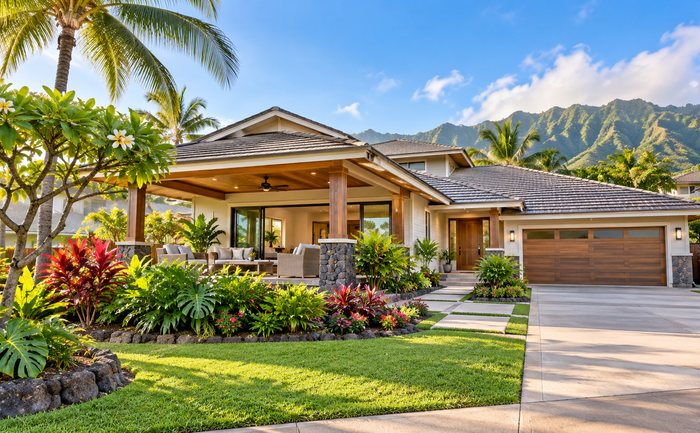Single-family island home with tropical landscaping