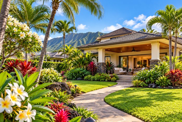 Tropical home grounds with garden path