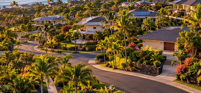 Residential Oahu street lined with palms