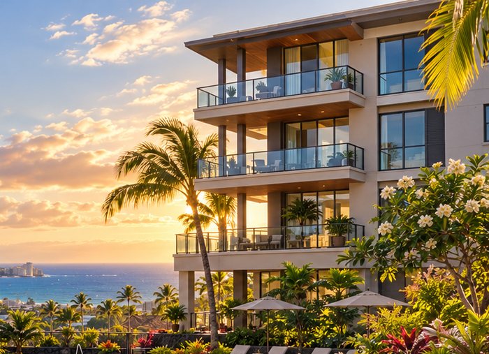 Oceanview condominium building with balconies