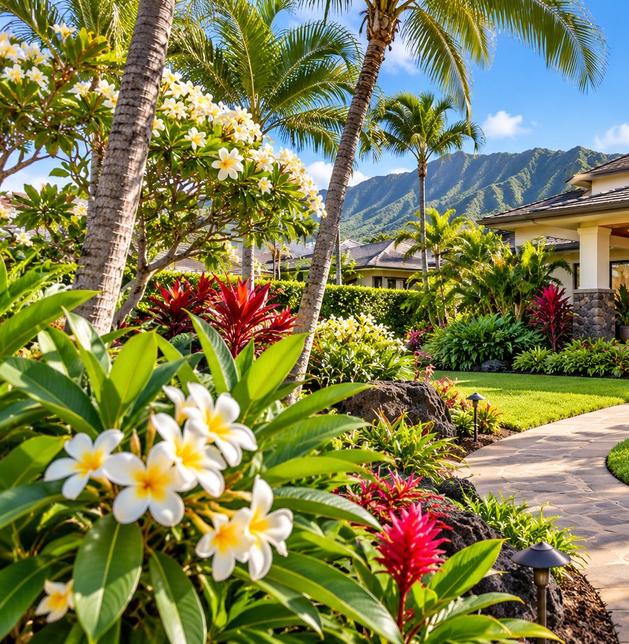 Garden path through plumeria and palms to an island home